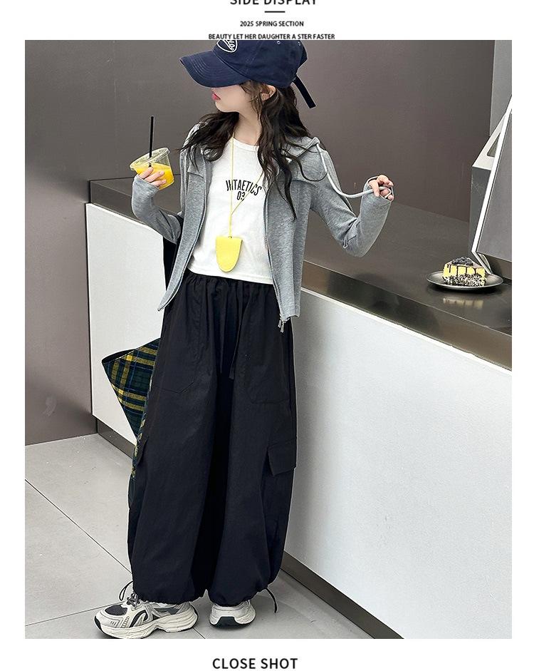 Zestaw kardiganu z kapturem i spodni z szerokimi nogawkami dla dziewczynek na jesień i wiosnę