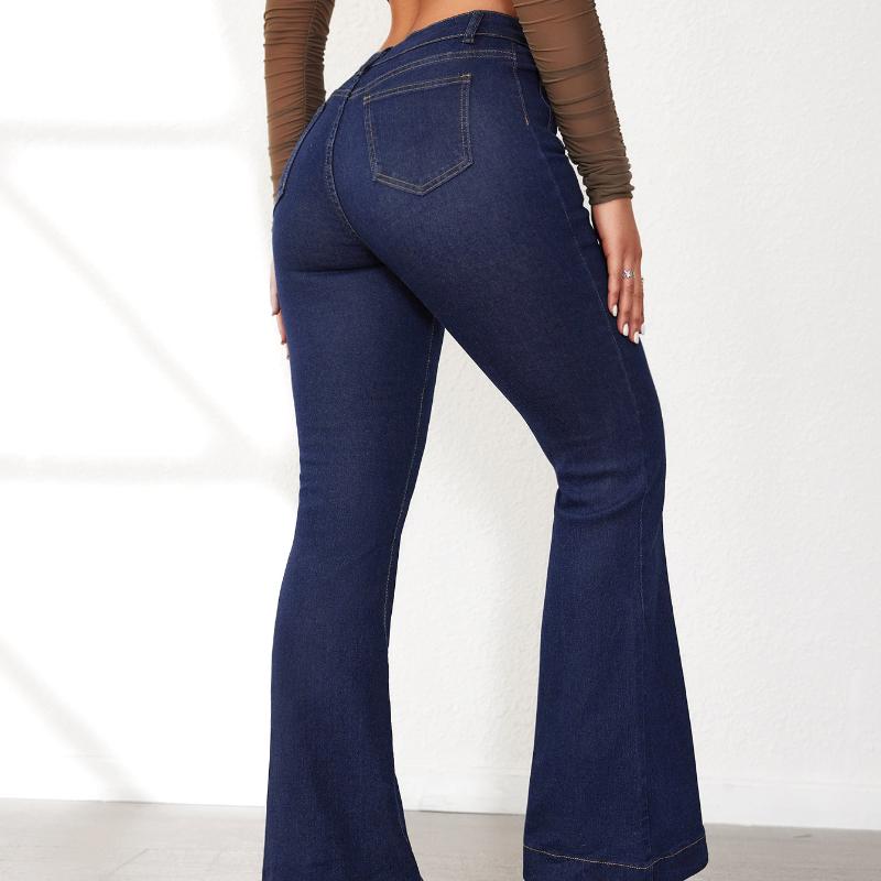 Dámské džíny s vysokým pasem a elastickým pasem, zeštíhlující bootcut kalhoty se zapínáním na zip, džínové, s kontrolou bříška, zvedající hýždě, dlouhé, jednobarevné džínové kalhoty