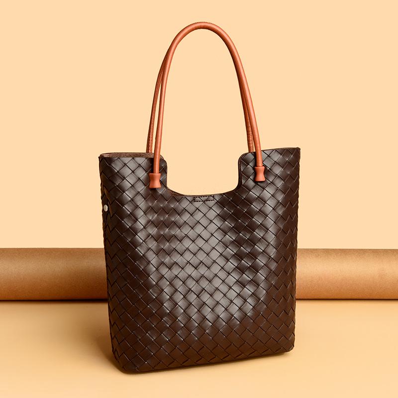 

Вязаная вручную вместительная ретро-сумка-тоут через плечо из коровьей кожи для женщин 24.5-31-10 кофейный