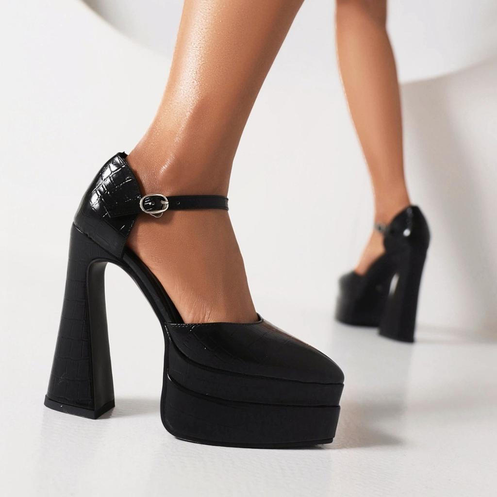 Buty Damskie na Co Dzień Super Wysoki Obcas Gruba Podeszwa Szpiczaste Grube Nowe Wodoodporny Blat Europejskie i Amerykańskie Duży Rozmiar Szpilki Modne Czarne