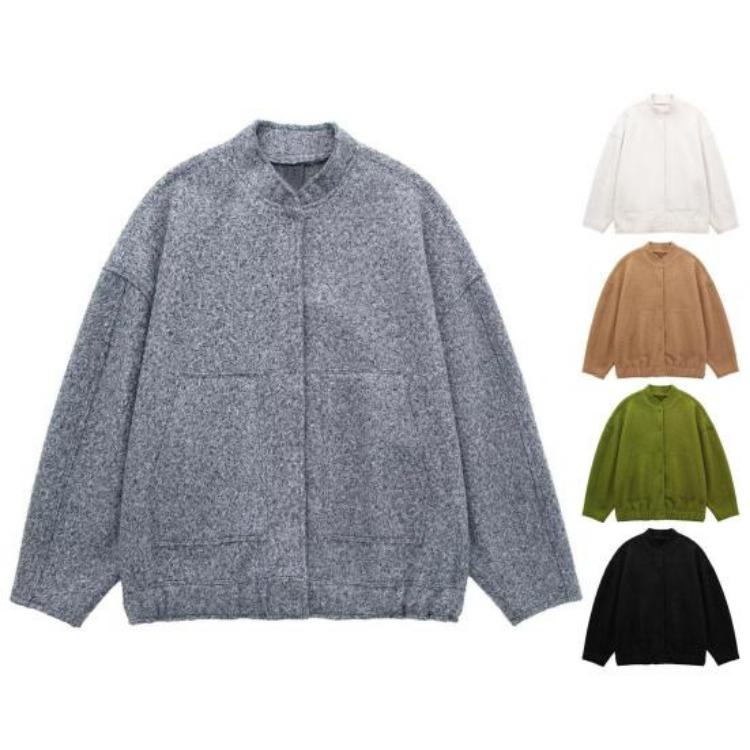 Autumn Winter Women Baseball Jacket Stand Collar Long Sleeve Casual Coat Solid Color Big Pockets Hidden Buttons