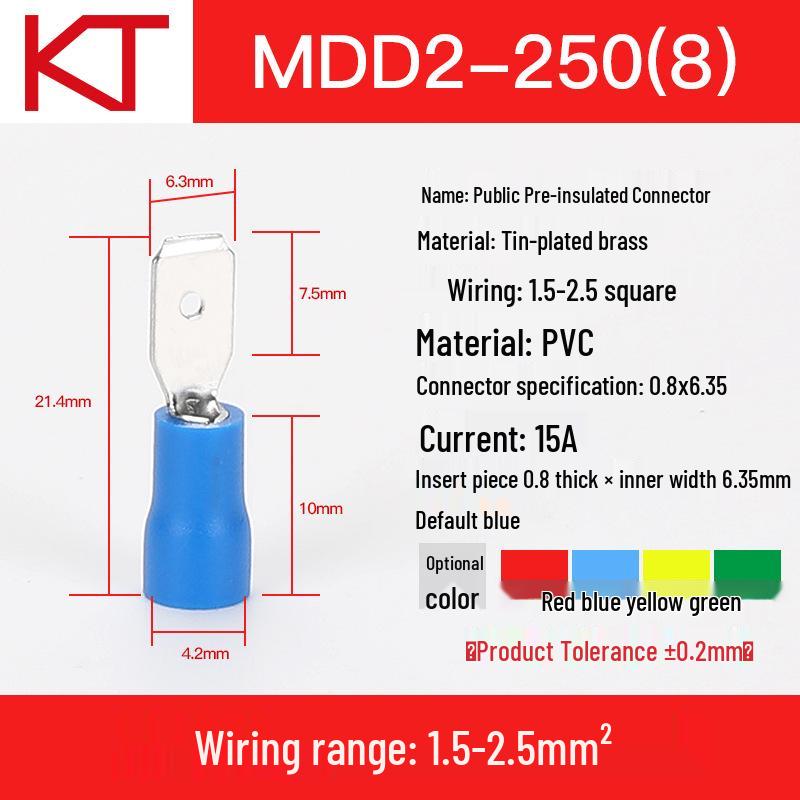 KT KST MDD2-110/187-250 Male Pre-Insulated Crimp Terminal Pins, 1000 Pcs