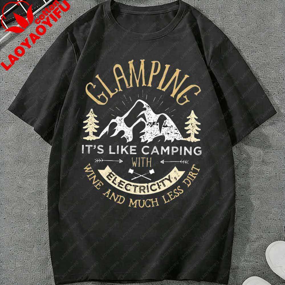 Vintage Glamping TShirt for Unisex Women Funny Camping Graphic Tee Outdoor Hiking Mountain Print Short Sleeve Tops Casual Cotton