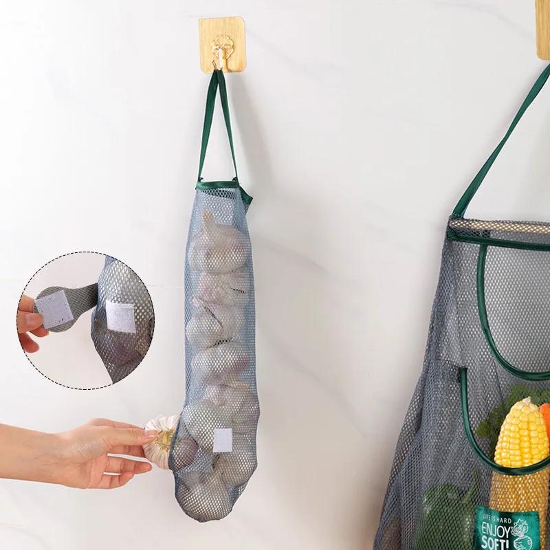 Kitchen Multifunctional Fruit Vegetable Hanging Bag Wall Hanging Ginger Garlic Storage Bag Mesh Bag Reusable Storage Artifact
