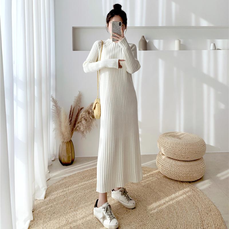 

MODIQUE осень плюс размер женские свободные базовые модели теплый вязаный однотонный свитер длинные платья женская повседневная юбка с длинным рукавом и полувысоким воротником XL чёрный