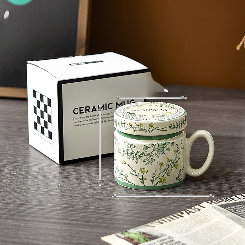 High Value Light Luxury Retro Mug with Lid Ceramic Korean Coffee Cup for Couples