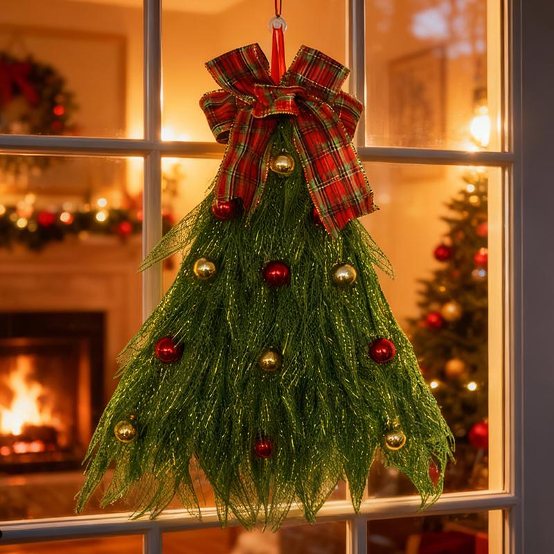 Christmas Tree Wreath with Bowknot Elegant Front Door Hanging Ornament for Garden Room Xmas Decoration New Year Festival