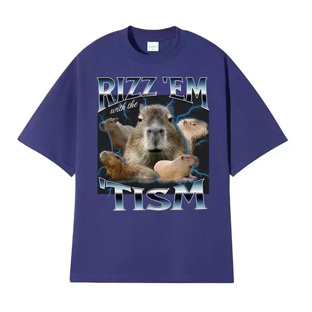 Rizz Em with The Tism Retro T Shirt Funny Cute Kawaii Capybara Meme T-shirt Men's Women Casual Fashion Humor Short Sleeve 82904