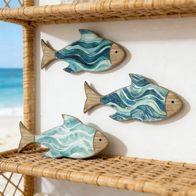 3 Stück Holzfisch Wanddeko Nautisch Küstenmotiv Wandkunst Vintage Strand Blaue Fisch Wandskulptur für Seehaus Badezimmer Schlafzimmer Dekoration
