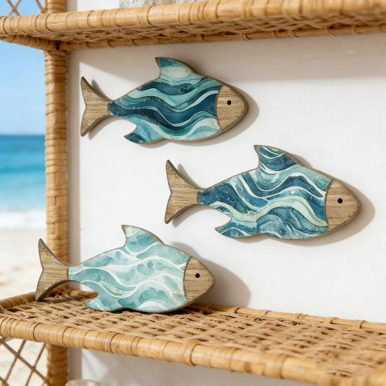 3 Pcs Wooden Fish Wall Decor Nautical Coastal Theme Wall Art Vintage Beach Blue Fish Wall Sculpture for Lake House Bathroom Bedroom Decor