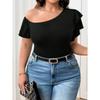 Women Black Asymmetric Off Shoulder Ruffle Short Sleeve Casual Top