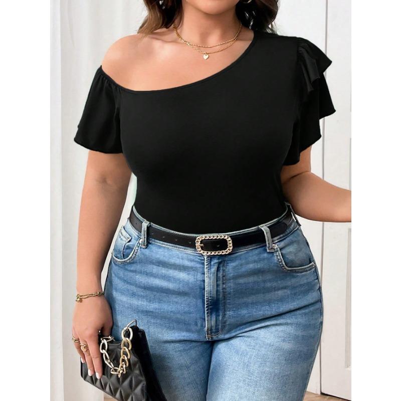 Women Black Asymmetric Off Shoulder Ruffle Short Sleeve Casual Top