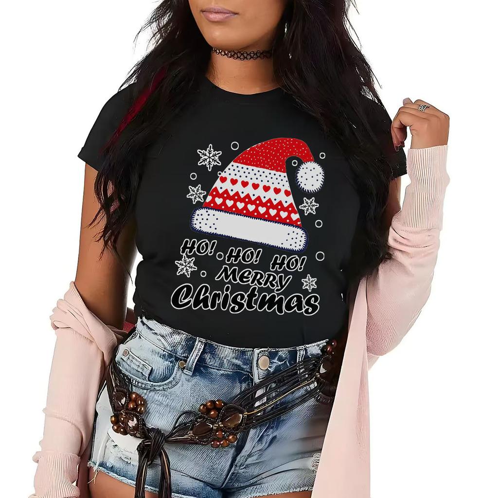 Fashionable Christmas Happy Snowflake Hat Printed Pattern Short Sleeve Round Neck Versatile Womens Festival Tshirt