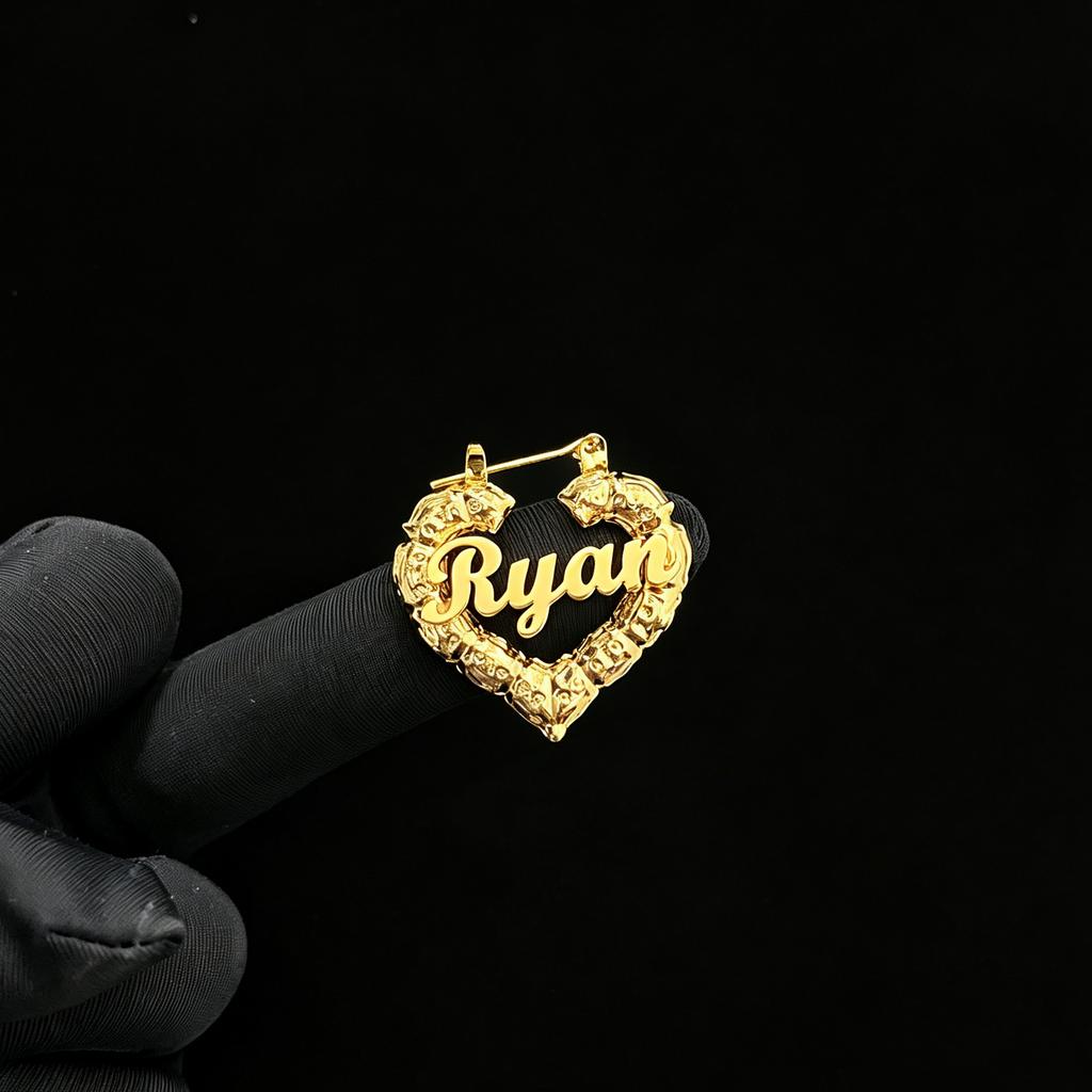 Personalized 18k Gold Plated Name Bamboo Hoop Earrings Stainless Steel 30mm 50mm 70mm 90mm Custom Heart Hoops Party DIY Gift