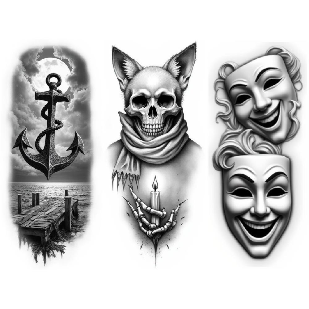 3pcs Temporary Tattoo Waterproof Long-lasting Body Stickers Anchored Pier Graveyard Skull Spider Skull For Women Adults Men