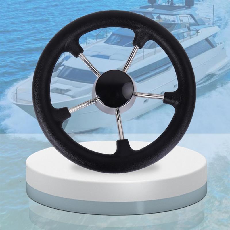 13.5in 5 Spoke Boat Destroyer Steering Wheel with Black Foam Stainless Steel Steering Wheel for Marine Yacht Easy Setup