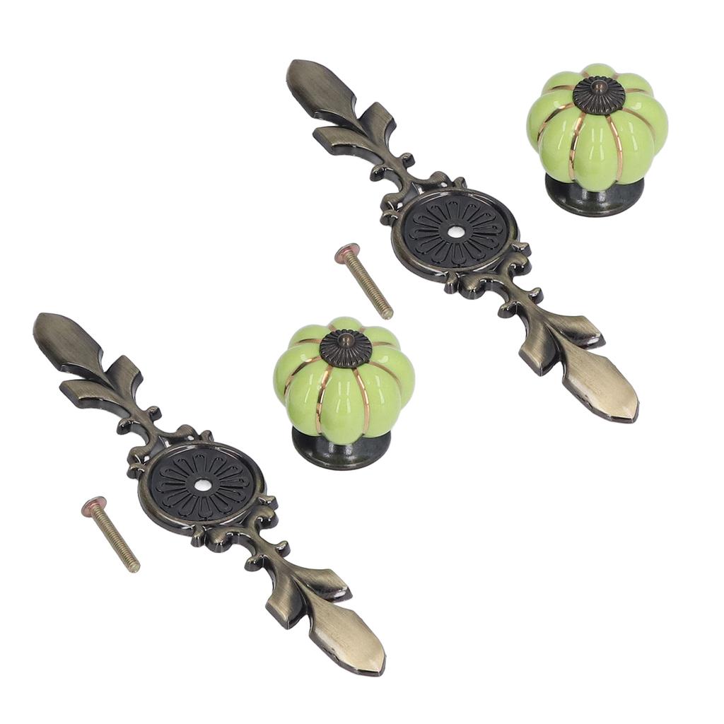 2pcs/set Hand Painted Pumpkin Drawer Knobs Chinese Pastoral Style Ceramic Cabinet HandleGreen