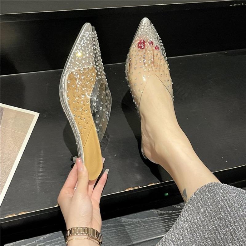 

Sexy Rhinestone Pumps Women Shoes New Summer Shoes Woman PVC Thin Mid Heel Mules Shoes Female Fashion Clear Heels Slippers Women