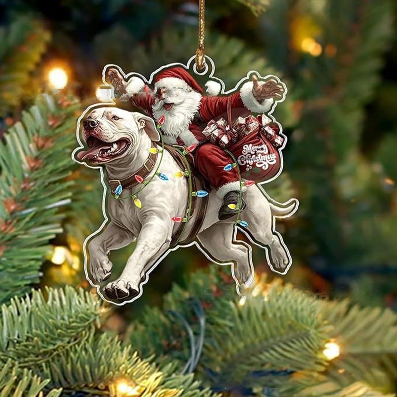 2026 Santa Claus And His Funny Dog Ornament 2D Flat Acrylic Pendant Christmas Decoration For Home Xmas Tree  Year Kerst