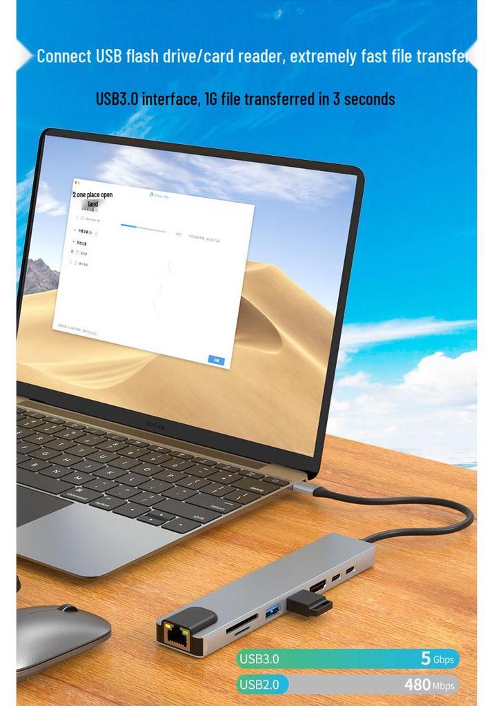 Type-C 8-in-1 USB 3.0 Hub with HDMI, RJ45 Ethernet, and TF/SD Card Reader