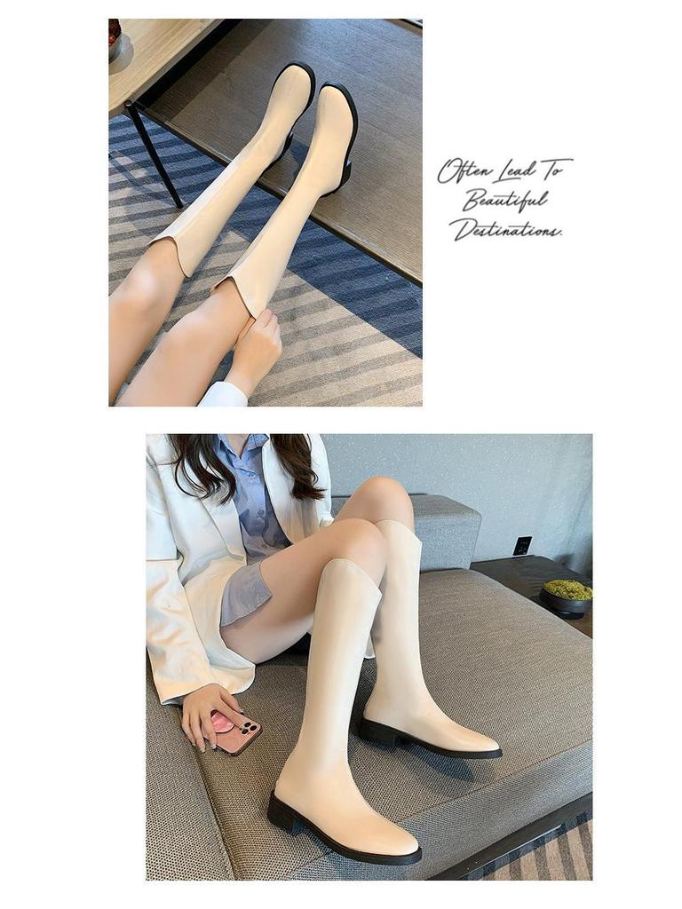 V-Mouth Knee-High Western Cowboy Boots for Women with Thick Calves - Plus Size, Mid-Heel, Slim Fit, Autumn/Winter.