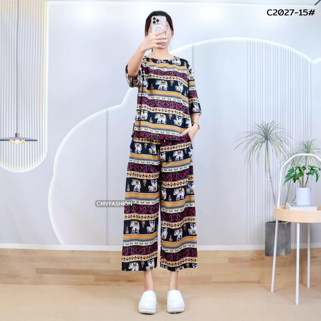 Słoń Spodnie Szorty Koszula Zestaw Okrągły Dekolt Krótki Rękaw Regulowany Elastyczny Pasek Pasek Kobiety Nadruk Casual Plaża Boho Bohemski Retro Vintage