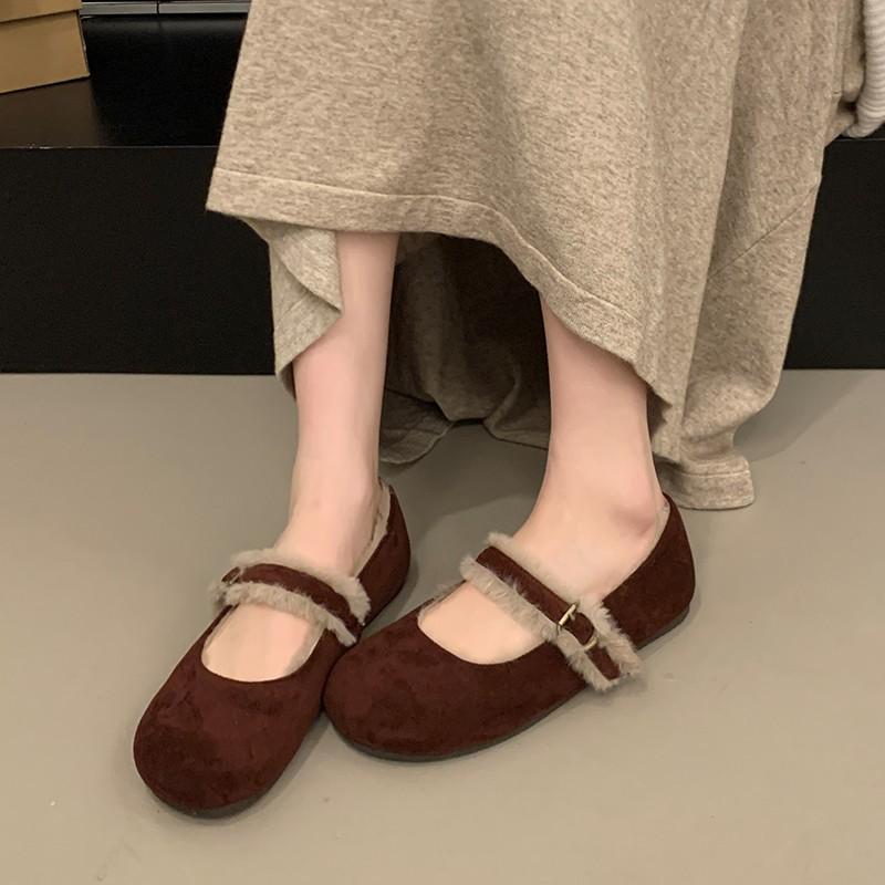 Gentle Velvet Mary Jane Shoes for Women's Autumn and Winter New Niche Suede Single Shoes with Skirts and Fluffy Shoes
