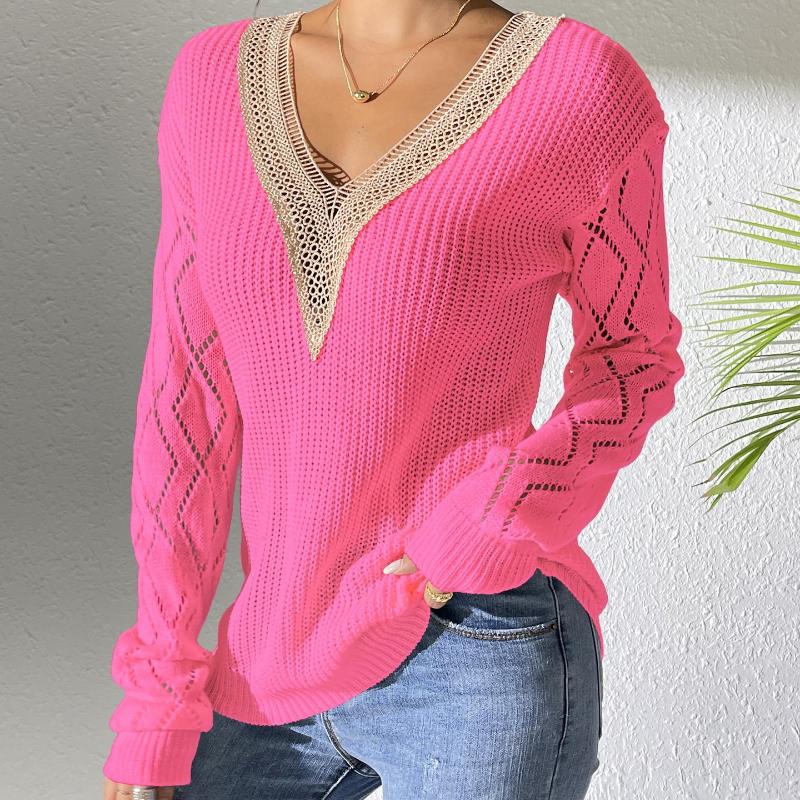 Women's Top, Women's Clothing, Lace Design, V-neck, Spliced Contrasting Sweater, Pullover Sweater, Casual Base Sweater