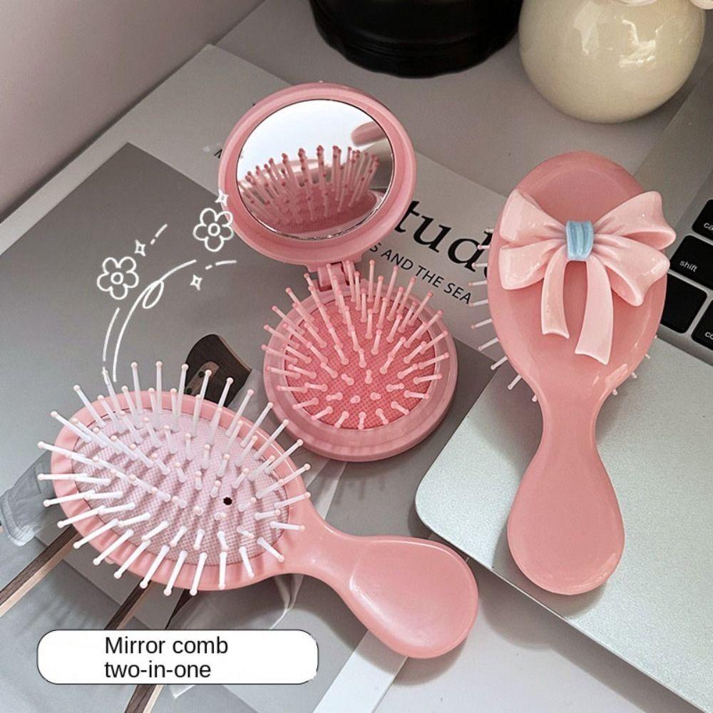 Anti Static Round Folding Comb with Mirror Pink Pocket Hair Brush Mini Air Cushion Comb Women