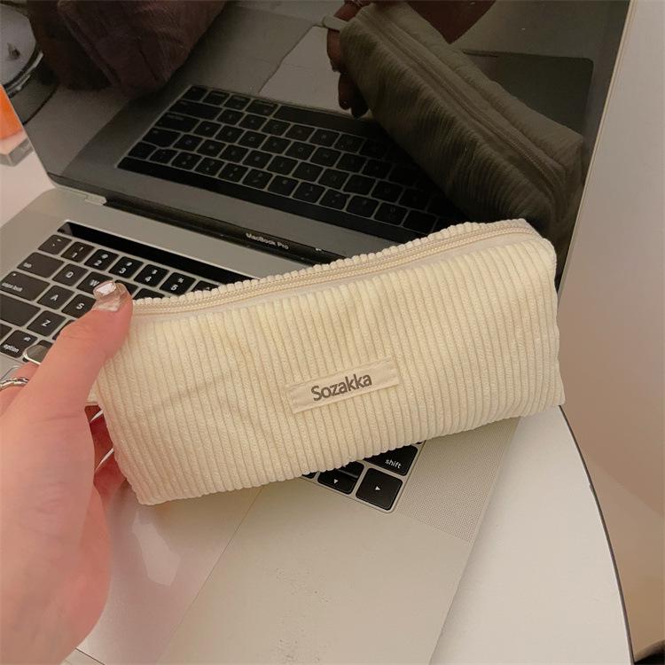 Little White Rabbit Corduroy Pencil Case – Vintage Solid Color Stationery Bag for Students