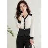 Slimming Waist to Make You Look Fashionable Contrasting Color and Temperament V-neck Chiffon Shirt for Women