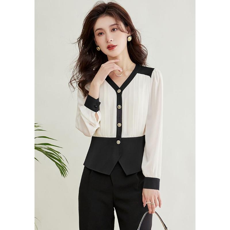 Slimming Waist To Make You Look Fashionable Contrasting Color and Temperament V-neck Chiffon Shirt for Women