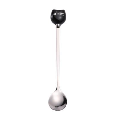 Stainless Steel Spoon Ceramic Cat Head Long Handle Stirring Spoon for Mug Coffee Honey Dessert