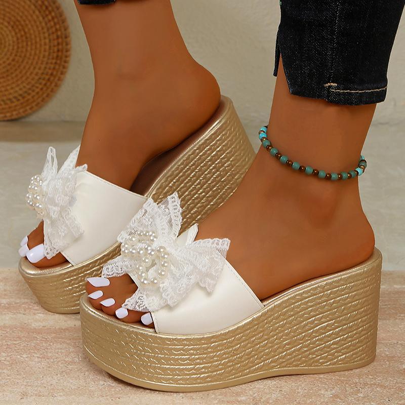 Fashion Pearls Lace Bow Chunky Platform Sandals Women Summer Peep Toe Thick Sole Slippers Woman Plus Size Fashion Wedge Heeled Sandals