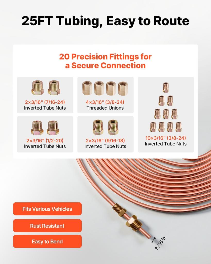 Brake Line Repair Kit, 45° Double & Single Brake Line Flaring Tool Kit, 7.6m x 4.76mm Copper Coated Brake Line (with 16 Fittings & 4 Unions) - Tube