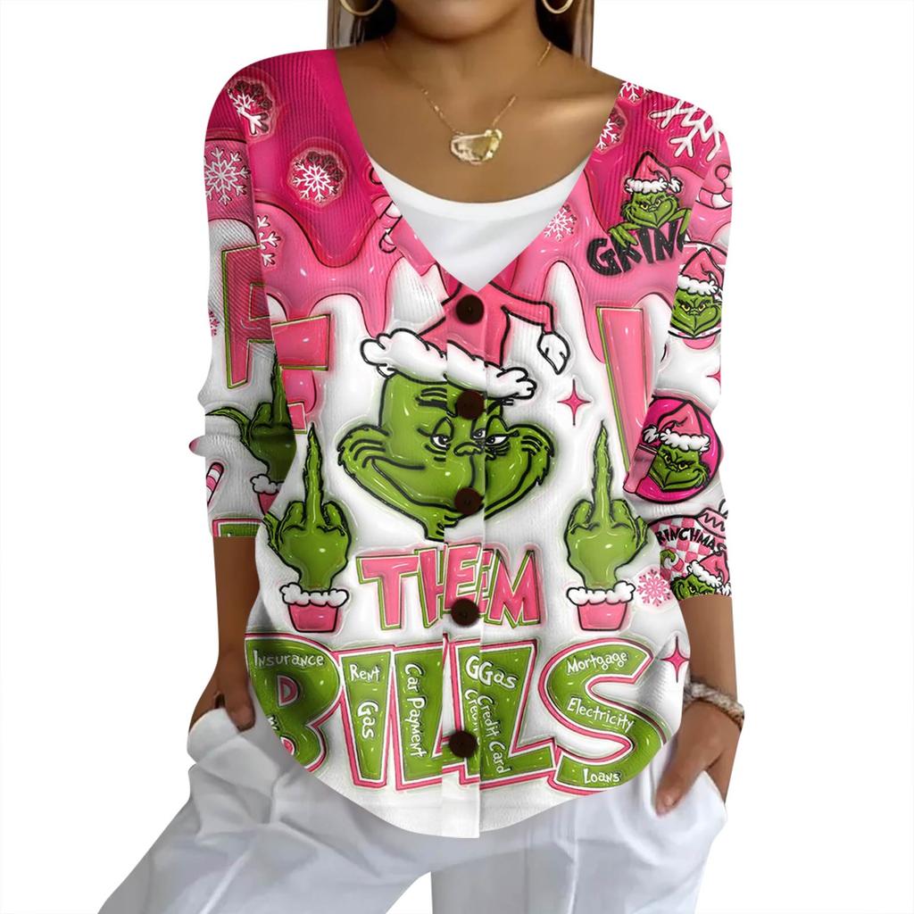 Women's Fashion Casual Knit Sweater Button-Up Christmas Print Cardigan Jacket