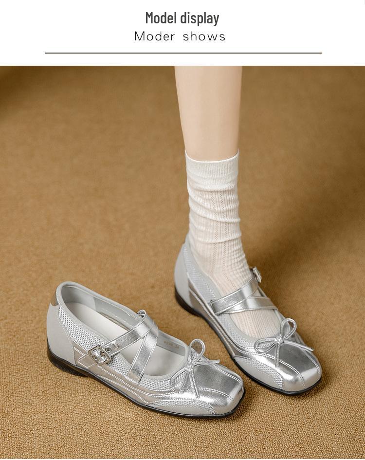 Silver Vintage Leather Hidden Heel Mary Jane Ballet Flats with Bow
