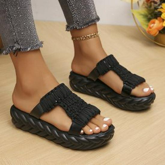 Women's Plus Size Lightweight Woven Slippers - Thick-Soled, Wool, Round-Toe Sandals, European & American Casual Style