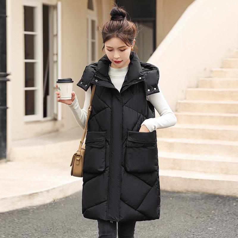 Winter new medium and long large pocket vest thickened hooded vest jacket cotton vest women's trend