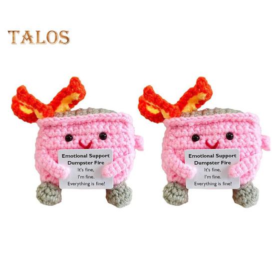 2Pcs Positive Crochet Flame Dumpster with Encouraging Card Emotional Support Handmade Knitting Trash Can Doll Decoration Ornament