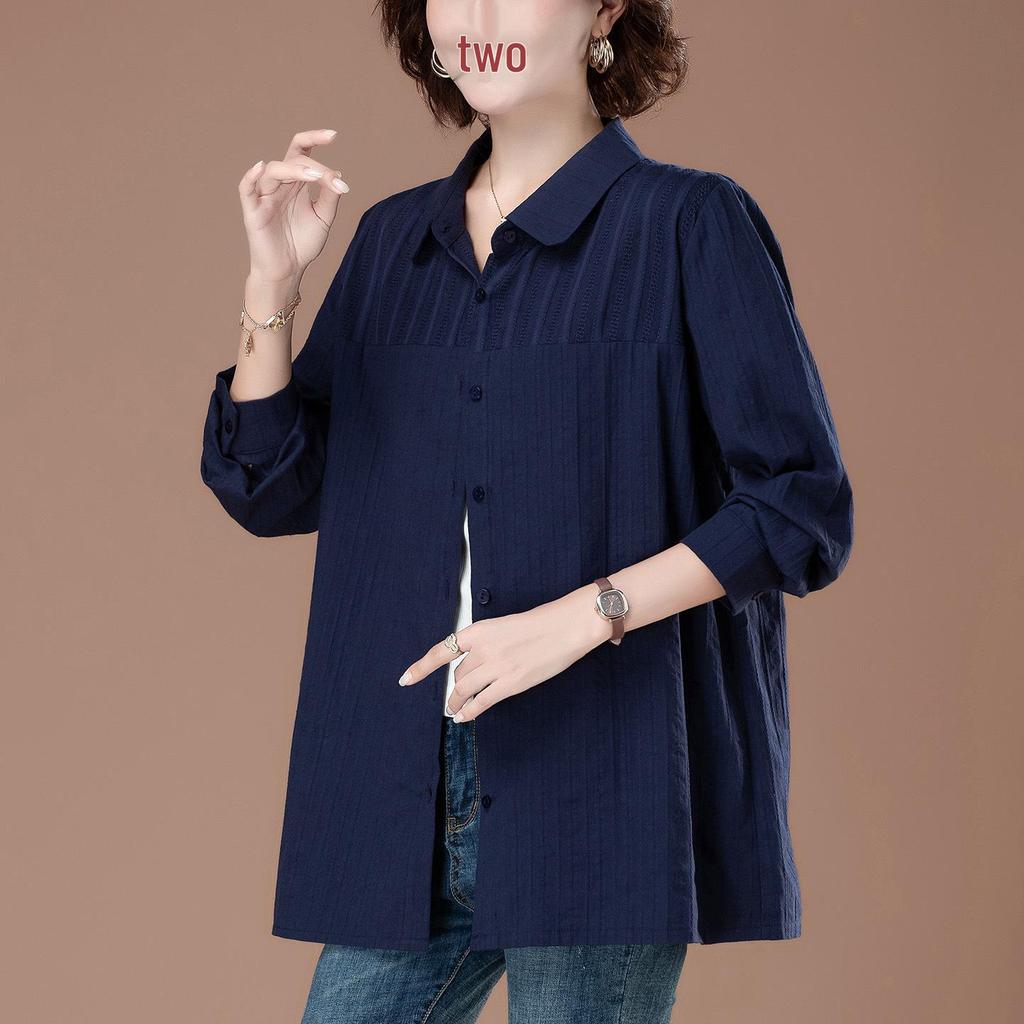 Bluzka damska z czystej bawełny w dużych rozmiarach z kołnierzykiem typu turn-down - Moda wczesnojesienna dla mam w średnim wieku