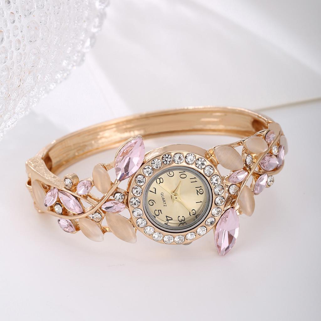 Korean Women's Rhinestone Leaf Quartz Watch Decorative Bracelet Wristwatch
