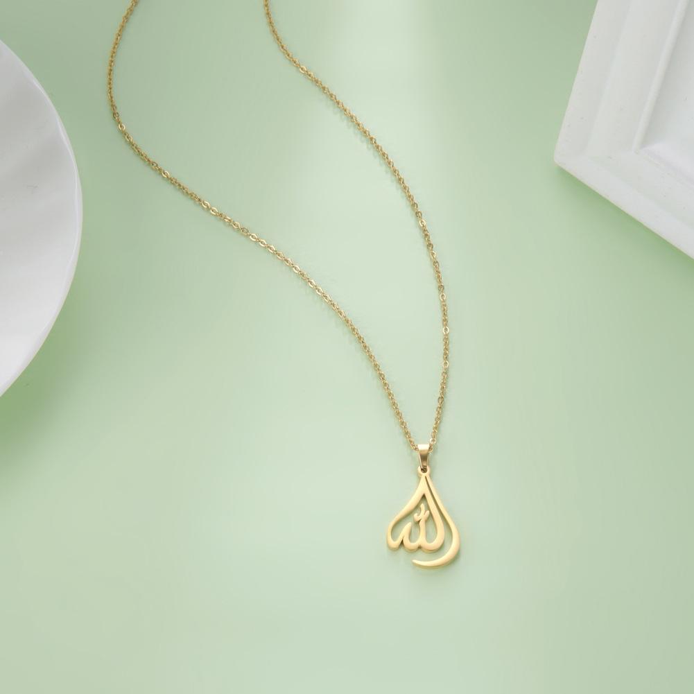 Islamic Muslim Allah Layered Necklaces for Women Stainless Steel Charm Water Drop Heart Shape Allah Pendant Double Layer Necklace Islamic Jewelry