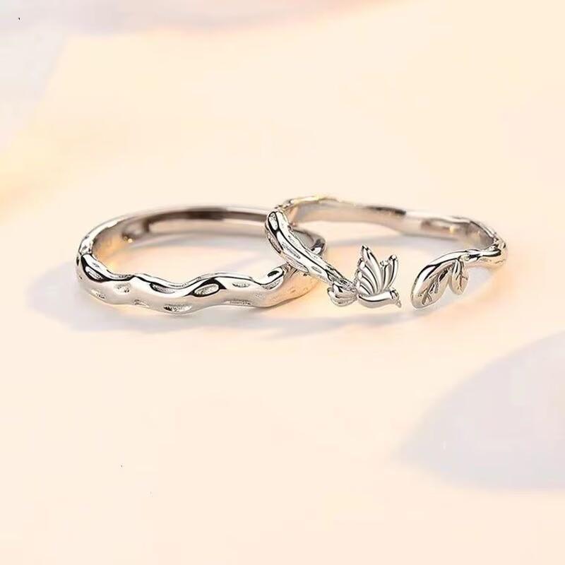 Blue eucalyptus and bird ring, a pair of ins for women and men, no fading, couple style, pair ring for students, long-distance love, gift adjustable