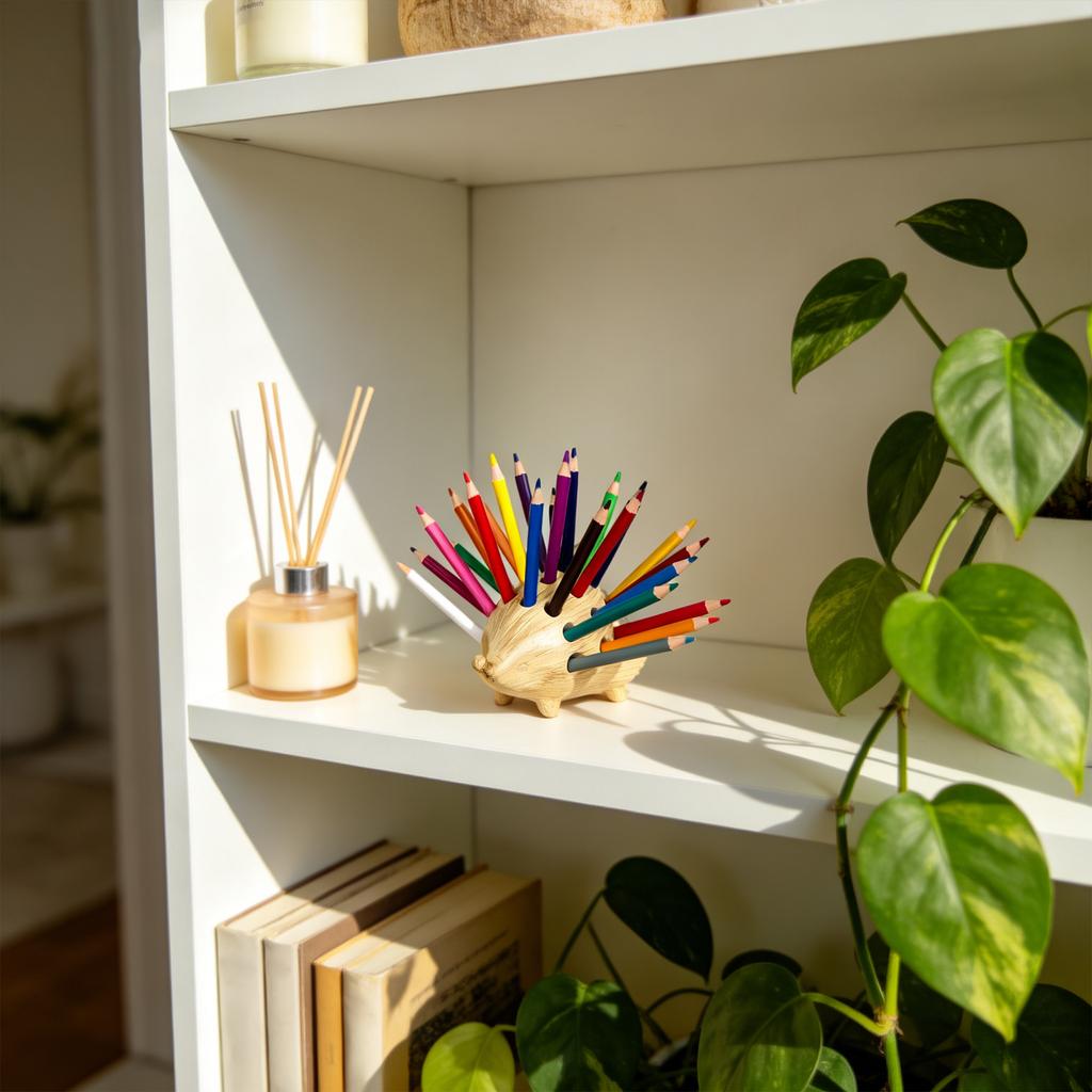 Wooden Hedgehog Pen Holder Pencil Cup Organizer For Desk Decor