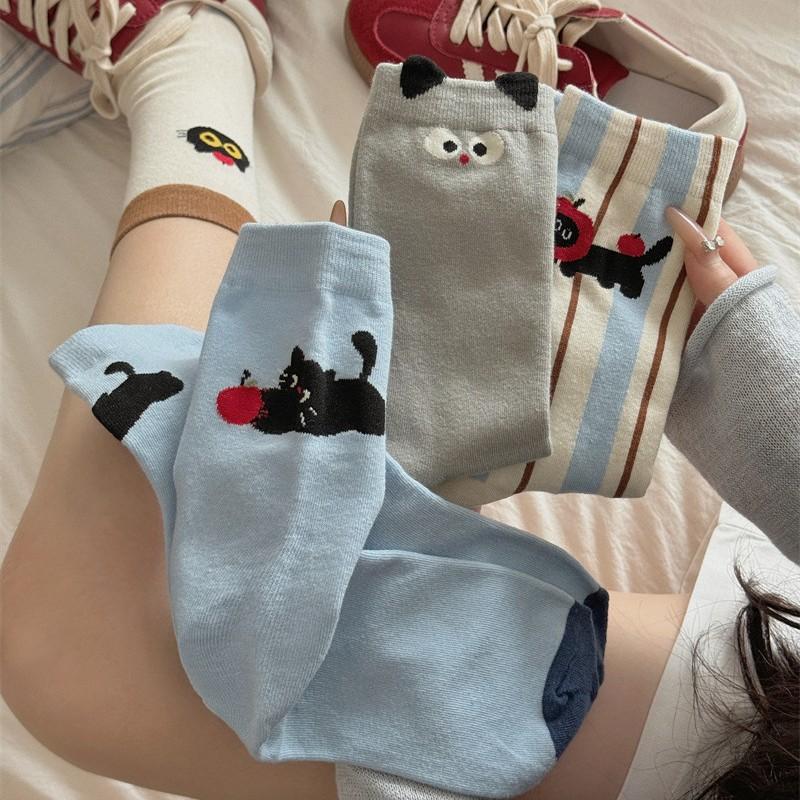 Socks Female Black Cat Female Socks Cute Cartoon Spring And Autumn Tube Socks Female Niche Girl Pile Socks