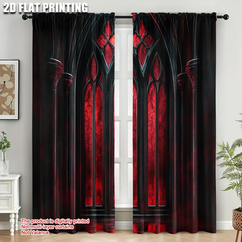 2 pezzi, Pannelli per tende popolari Stampa 2D Arco gotico Nero e rosso Poliestere resistente (senza asta) Svuota cose per vivere