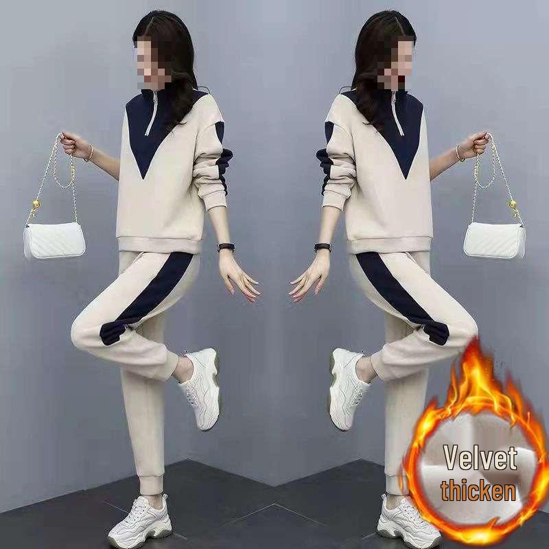 Trendy Plus Velvet Women's Sports Suit: 2026 Autumn/Winter Korean Style Long Sleeve Hoodie & Pants Two-Piece Set