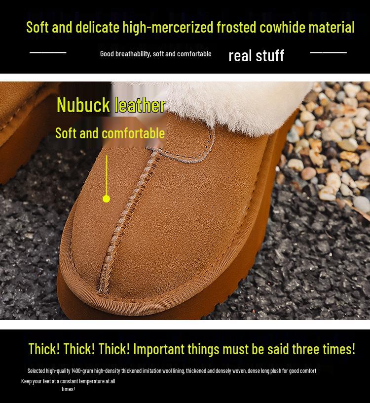 Women's Genuine Leather Thick-Soled Snow Boots, Non-Slip, Warm, with Plush Wool and Velvet Lining.