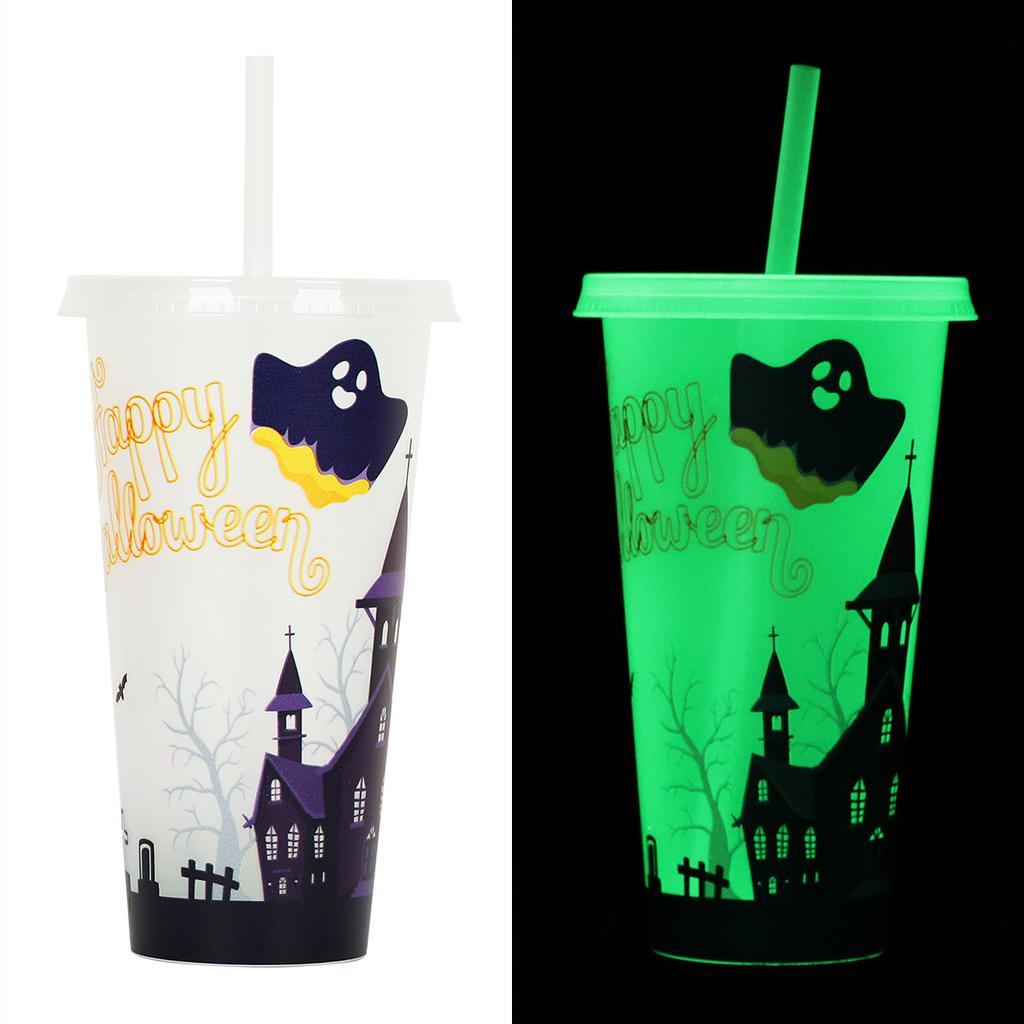 1PC 720ml Halloween Print Plastic Luminous Straw Cup Juice Milk Tea Coffee Cups for Party Supplies Funny Straw Cup Kitchen Drink